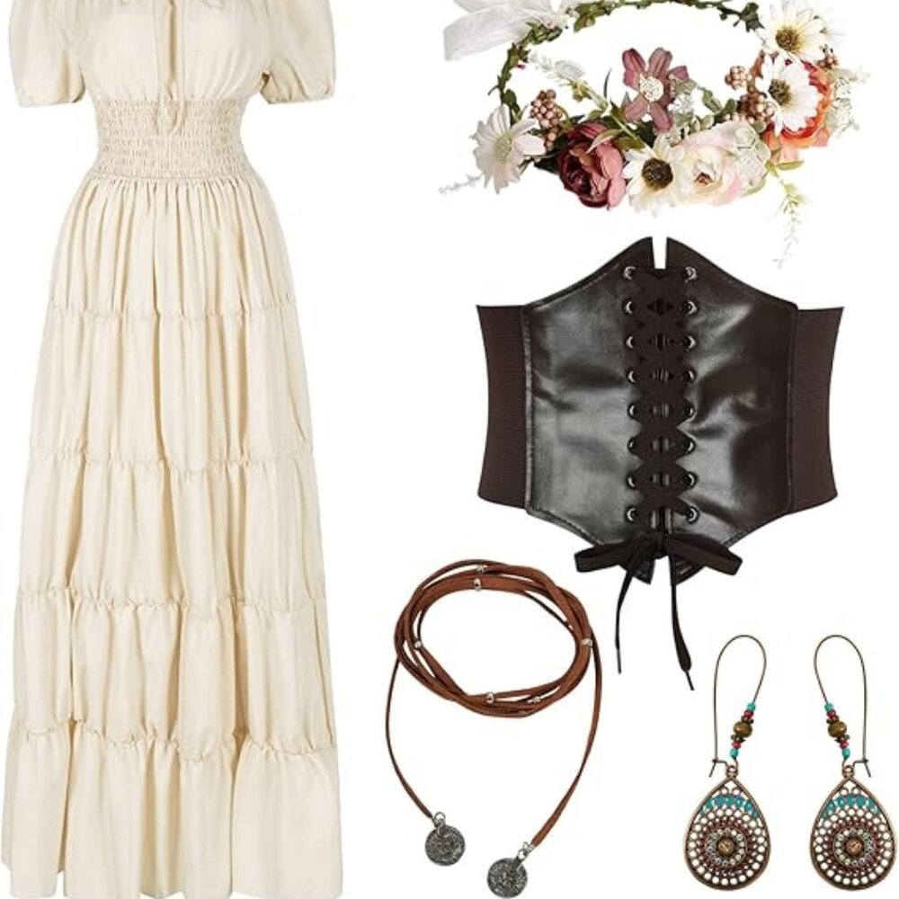 5 Pcs Renaissance Medieval Costume Dress Women Fairy Dress Peasant Cottagecore D